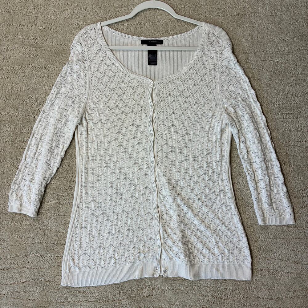 Vintage Y2K L Silk Blend Crochet Knit Button Front Cream Cardigan Cottagecore